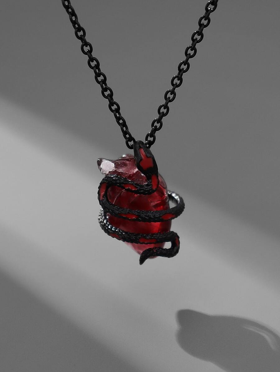 一件夸张个性化哥特暗黑风格树脂心形蛇形女士吊坠铜项链，适合派对、节日、日常休闲佩戴。 - 黑色 - 查看 1