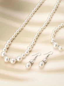 四件套珍珠项链手链耳环套装女士珍珠耳环 - 白色 - 查看 7