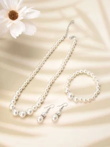 四件套珍珠项链手链耳环套装女士珍珠耳环 - 白色 - 查看 6