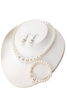 四件套珍珠项链手链耳环套装女士珍珠耳环 - 白色 - 查看 1