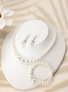 四件套珍珠项链手链耳环套装女士珍珠耳环 - 白色 - 查看 2