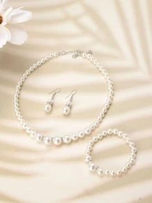 四件套珍珠项链手链耳环套装女士珍珠耳环 - 白色 - 查看 3