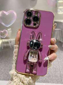 1pc Electroplated Shockproof Phone Case+Rainbow Sugar Bunny Hidden Stand+Spray Oil Process+1 Whole Set Phone Cases+Compatible With Apple 11/12/13/14/15promax, Samsung A14/A34/A54 S23u/S24u, Xiaomi, Oppo, Vivo, Moto, Redmi Note11/12/13c - Purple - View 1