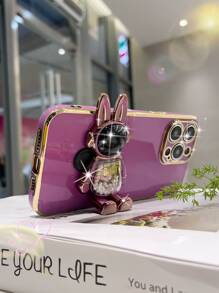 1pc Electroplated Shockproof Phone Case+Rainbow Sugar Bunny Hidden Stand+Spray Oil Process+1 Whole Set Phone Cases+Compatible With Apple 11/12/13/14/15promax, Samsung A14/A34/A54 S23u/S24u, Xiaomi, Oppo, Vivo, Moto, Redmi Note11/12/13c - Purple - View 3
