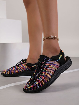 Women's Woven Beach Flat Shoes, Fashionable And Versatile In Summer