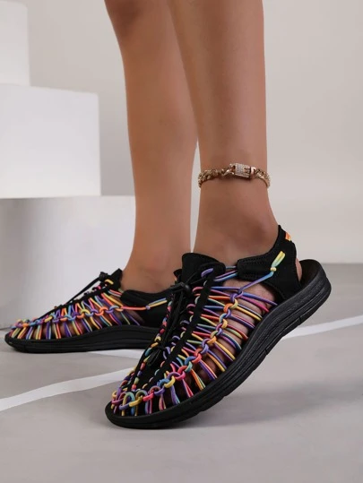 Women's Woven Beach Flat Shoes, Fashionable And Versatile In Summer