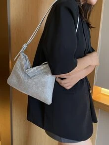 Stylish Silver Shoulder Bag With Rhinestone Decoration