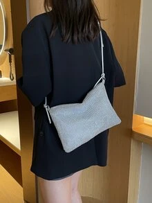Stylish Silver Shoulder Bag With Rhinestone Decoration