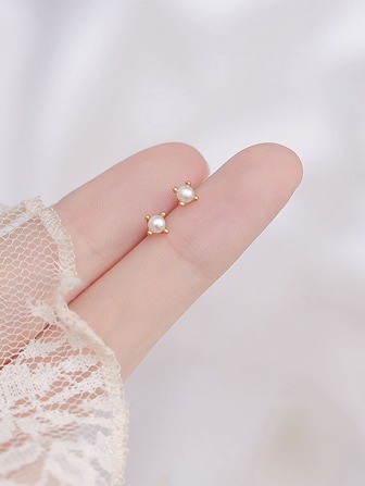 S925 Sterling Silver Plated Gold Inlaid With Faux Pearl Stud Earrings, Fashionable And Unique Ear Jewelry For Women