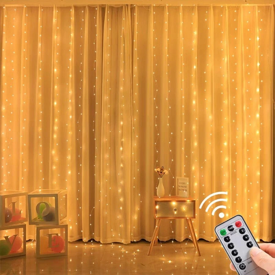 1入組usb供電3*3米led銅線室內/室外串燈帶,配有10個掛鉤、遙控器、8種燈光模式,適用於露營、家居、窗簾裝飾、燈飾裝飾