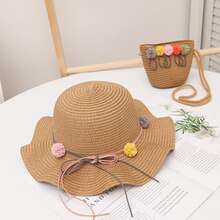 1套女童遮陽帽和手提包套裝,適用於戶外活動、海灘、旅遊、休閒等 - 棕色 - 查看 1