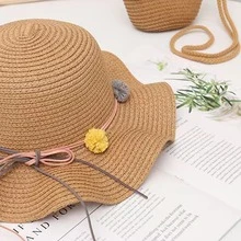 1套女童遮陽帽和手提包套裝,適用於戶外活動、海灘、旅遊、休閒等 - 棕色 - 查看 5