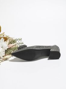 蝴蝶结粗跟女鞋，带水钻装饰，百搭尖头，柔软婚鞋，加大码，法式风格，低帮平底软底四季乐福鞋，优雅船鞋 - 灰色 - 查看 3