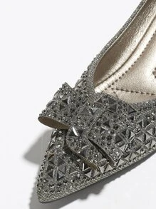蝴蝶结粗跟女鞋，带水钻装饰，百搭尖头，柔软婚鞋，加大码，法式风格，低帮平底软底四季乐福鞋，优雅船鞋 - 灰色 - 查看 2