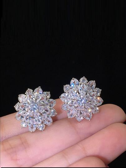 1pair Luxurious Sunflower Double Layer Rhinestone Stud Earrings For Women, Fashionable Bridal Copper Ear Jewelry Accessory Elegant Boho Snowflake. Jewellery,Festival