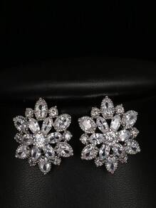 一对奢华向日葵双层水钻耳钉，时尚新娘铜质耳饰，优雅波西米亚雪花图案。情人节配饰 - 銀色 - 查看 4