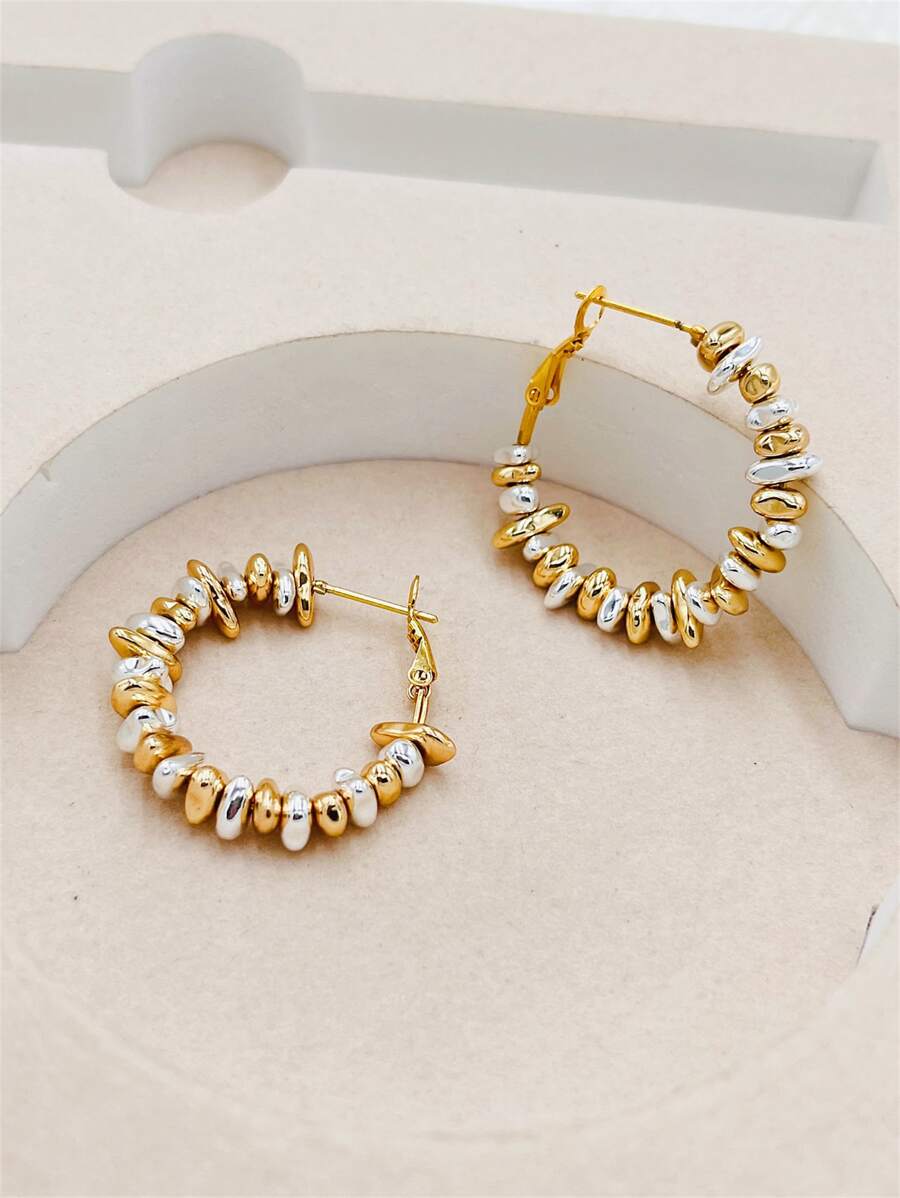 2pcs/set Bead Decor Hoop Earrings