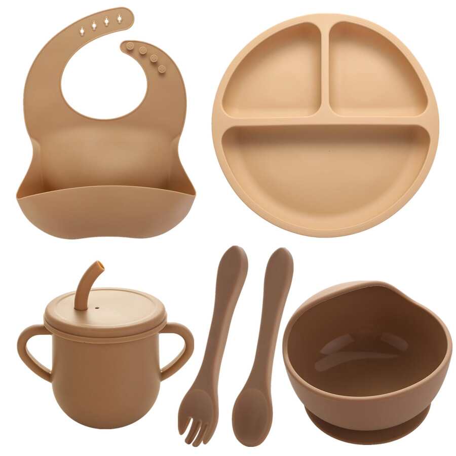 6pcs Simple Silicone Dining Sets, Classic Durable Camel Cutlery Sets For Babies - Camel - View 1