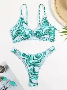Fluid Pattern Ring Linked High Cut Bikini Set Summer - Green - View 2