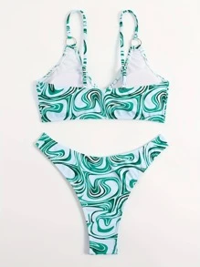 Fluid Pattern Ring Linked High Cut Bikini Set Summer - Green - View 3