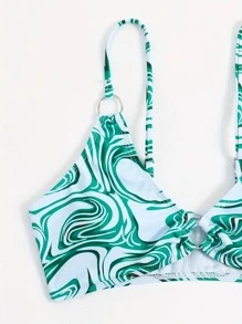 Fluid Pattern Ring Linked High Cut Bikini Set Summer - Green - View 4