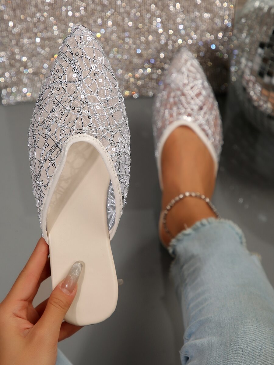 Silver Glitter Decor Pointed Toe Flat Mules - Silver - View 1