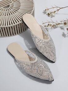 Silver Glitter Decor Pointed Toe Flat Mules - Silver - View 2