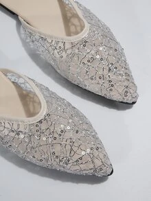 Silver Glitter Decor Pointed Toe Flat Mules - Silver - View 4