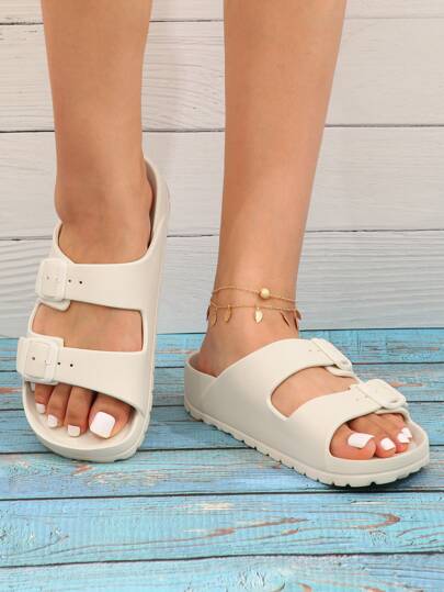 Solid Color Women's Casual, Adjustable Double Buckle, Anti-Slip Waterproof Lightweight Soft Comfortable, Outdoor Toe-Expose Beach Sandals Thick Sole Slippers