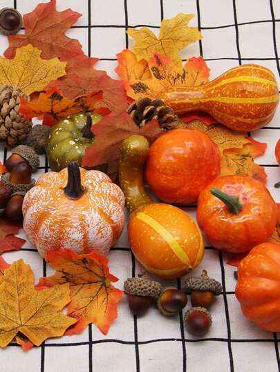 Thanksgiving Kunstmatige Pompoenen Huisdecoratieset, Mix van 50 Kunstmatige Oogstdecoraties, 30 Nep Esdoornbladeren + 10 Nep Eikels + 2 Nep Dennenappels + 8 Nep Pompoenen