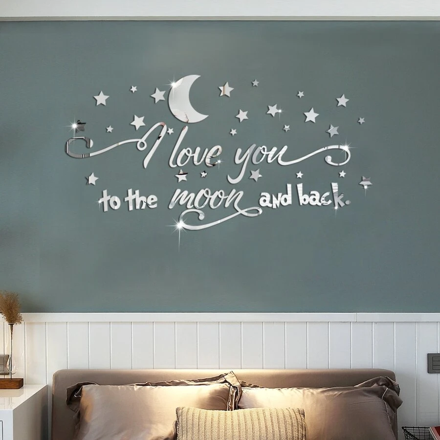 44 piezas con luna y estrella & inglés con letra Espejo Pegatinas de pared para habitación sala de estar dormitorio Decoración , autoadhesivo - Plateado - Ver 1