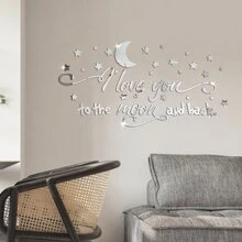 44 piezas con luna y estrella & inglés con letra Espejo Pegatinas de pared para habitación sala de estar dormitorio Decoración , autoadhesivo - Plateado - Ver 3