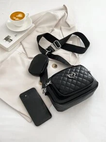 2pcs Mini Fashionable Solid Colored Embroidery Crossbody Bags For Women,Casual,School Bag Set,Portable,Classic Casual,Business Casual,For Teen Girls Women College Students,White-Collar Workers,College,Perfect For Office,Elementary School, School Bag With Pouch For Women - Black - View 5