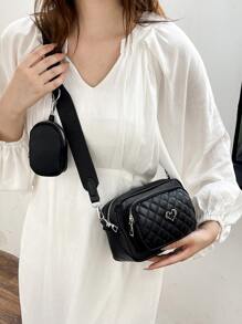 2pcs Mini Fashionable Solid Colored Embroidery Crossbody Bags For Women,Casual,School Bag Set,Portable,Classic Casual,Business Casual,For Teen Girls Women College Students,White-Collar Workers,College,Perfect For Office,Elementary School, School Bag With Pouch For Women - Black - View 3