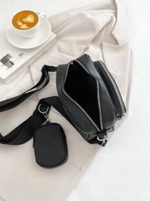 2pcs Mini Fashionable Solid Colored Embroidery Crossbody Bags For Women,Casual,School Bag Set,Portable,Classic Casual,Business Casual,For Teen Girls Women College Students,White-Collar Workers,College,Perfect For Office,Elementary School, School Bag With Pouch For Women - Black - View 7