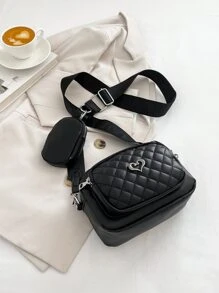 2pcs Mini Fashionable Solid Colored Embroidery Crossbody Bags For Women,Casual,School Bag Set,Portable,Classic Casual,Business Casual,For Teen Girls Women College Students,White-Collar Workers,College,Perfect For Office,Elementary School, School Bag With Pouch For Women - Black - View 4