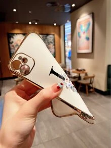 1 件简约字母印花激光雕刻保护壳，带电镀边缘，兼容 iPhone - 彩色 - 查看 3