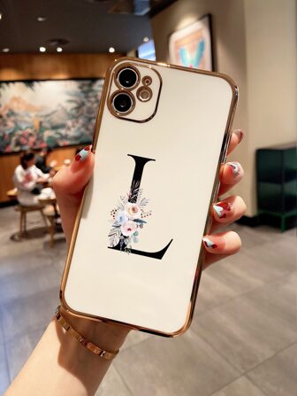 1 件简约字母印花激光雕刻保护壳，带电镀边缘，兼容 iPhone