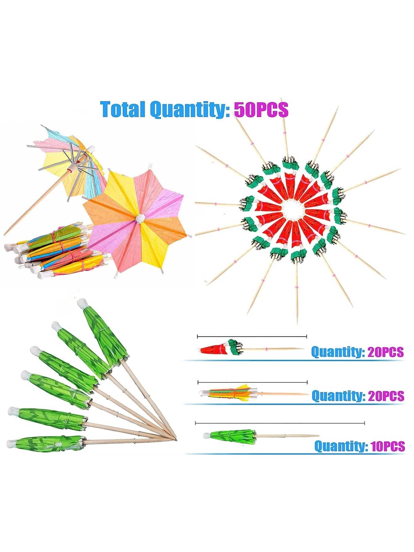 50Pcs Drink Umbrella Cocktail Pick 3 Type Hawaiian Tropical 4 Inch
