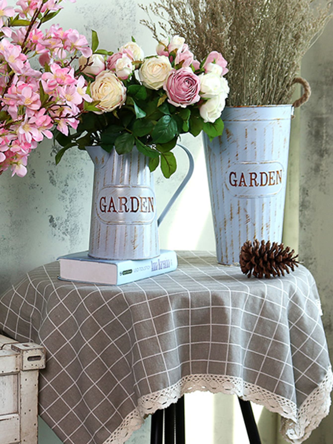 Single Grid Small Size Country Style Fabric Tablecloth, Bedside Table