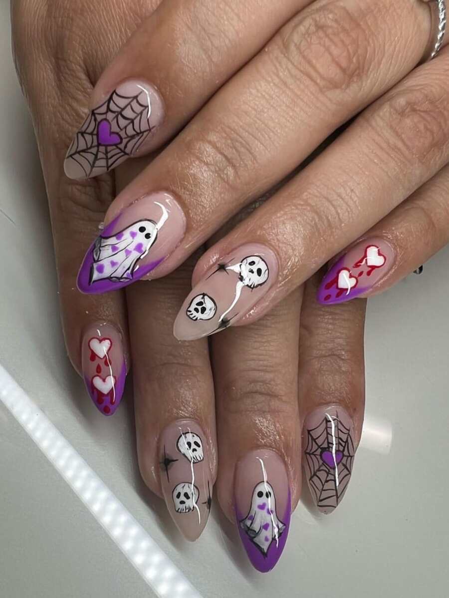 萬聖節24入組/套中等杏仁造型假指甲帶蜘蛛網和鬼圖案,包括1入組指甲銼和1入組果凍膠水,禮品適合女士和女孩 - 彩色 - 查看 1