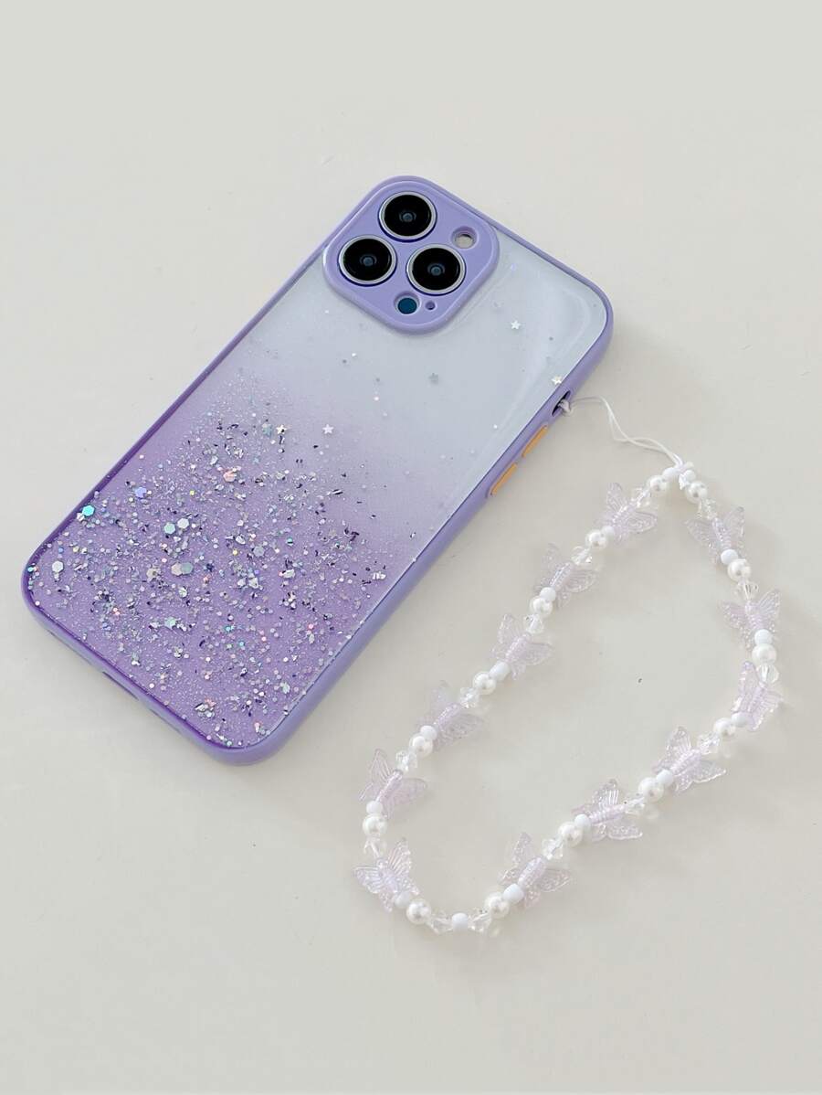 1pc And Stylish Gift For Your Lover Or Sister - Gradient Stardust Glitter Phone Case With Rhinestone Butterfly Wristband, Compatible With Apple/Samsung/Huawei/Oppo/Xiaomi