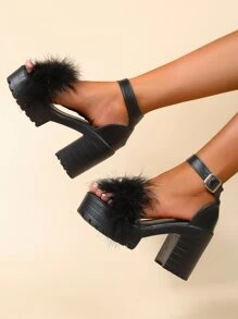 女士毛茸茸開放式腳趾涼鞋,帶踝帶厚跟高跟鞋,適合大腳,性感多變,仙女風格 - 黑色 - 查看 3