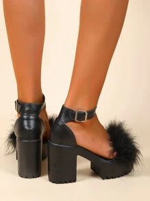 女士毛茸茸開放式腳趾涼鞋,帶踝帶厚跟高跟鞋,適合大腳,性感多變,仙女風格 - 黑色 - 查看 6