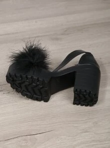 女士毛茸茸開放式腳趾涼鞋,帶踝帶厚跟高跟鞋,適合大腳,性感多變,仙女風格 - 黑色 - 查看 7