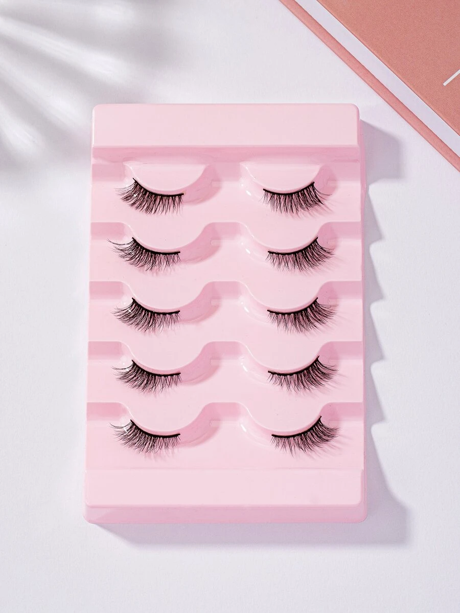 5 对半睫毛，仿貂皮睫毛，透明茎，可重复使用自然蓬松假睫毛延长 - 黑色 - 查看 1