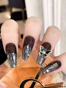 10 chiếc đầu móng tay dài hình quan tài múa ba lê bằng ánh sáng. Đen, Kim cương giả cao cấp, Bướm, Giấc mơ, Trắng hiện, Sang trọng, Kim cương giả hình học, Phong cách Punk, Mát mẻ, Bột, Sáng bóng, Có thể tháo rời, Tái sử dụng, Bấm vào Móng tay với 1 Gel thạch, 1 Dụng cụ làm móng dũa - màu đen - Xem 2