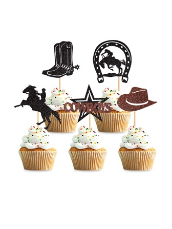 Set de 10 decoraciones de toppers de cupcakes con tema de vaquero del oeste, de vuelta a la escuela, Día de San Valentín
