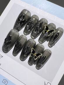 10 chiếc đầu móng tay dài hình quan tài múa ba lê bằng ánh sáng. Đen, Kim cương giả cao cấp, Bướm, Giấc mơ, Trắng hiện, Sang trọng, Kim cương giả hình học, Phong cách Punk, Mát mẻ, Bột, Sáng bóng, Có thể tháo rời, Tái sử dụng, Bấm vào Móng tay với 1 Gel thạch, 1 Dụng cụ làm móng dũa - màu đen - Xem 4