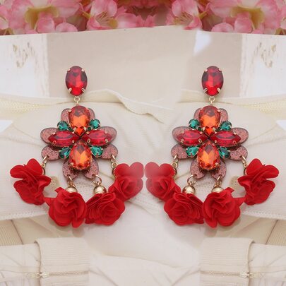 1雙時尚玻璃花朵裝飾長款吊墜耳環適合女士
